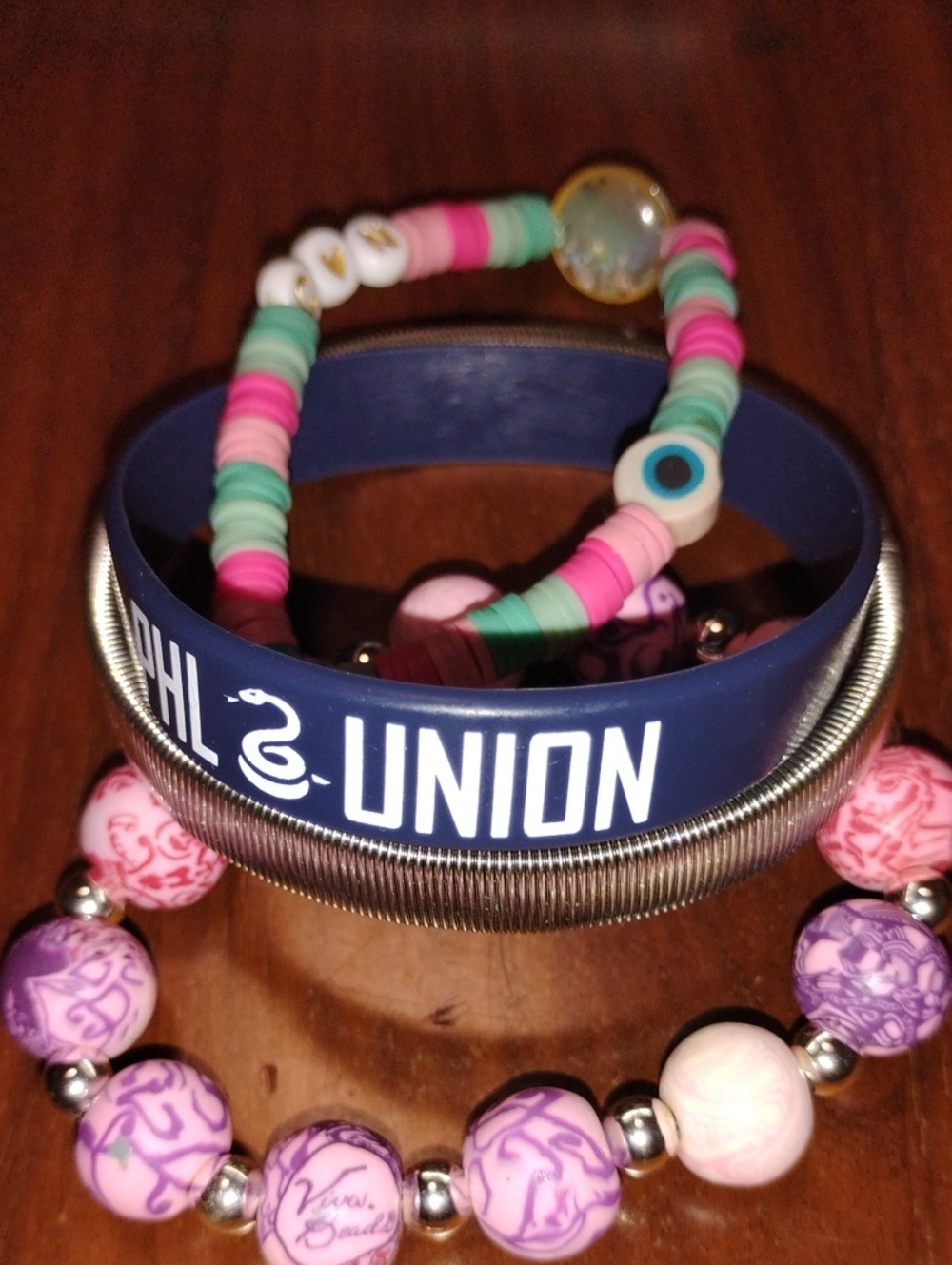 Union Navy Blue Silicone Wristband with Pink & Mint Beaded Bracelet Set